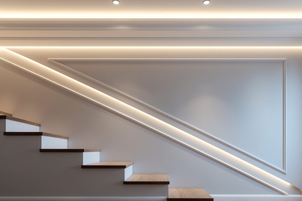 Escalera blanca con línea de luz continua bajo el peldaño y en el techo