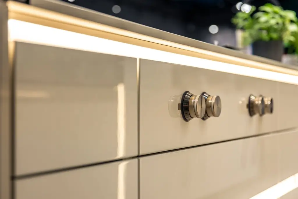 Frente de cocina minimalista con luz LED rasante sobre el mueble