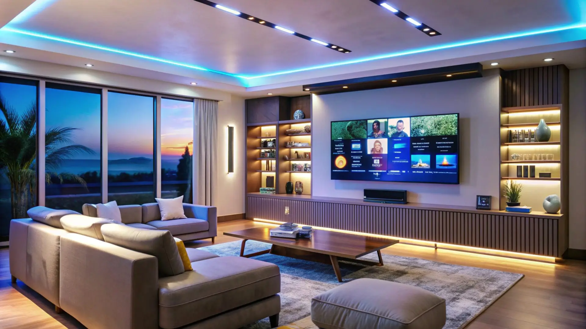 Salón moderno con iluminación LED indirecta